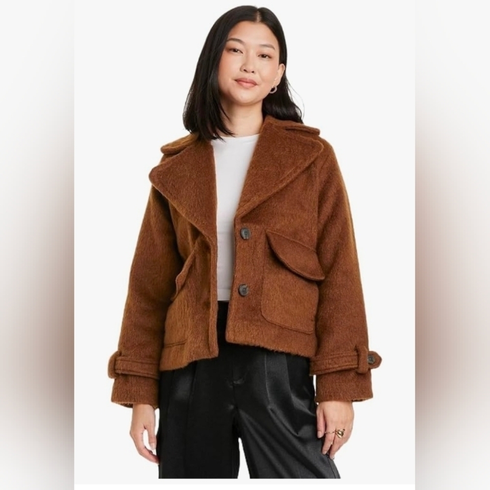 Universal Thread Womens Brown Button-Up Wool-Blend Jacket